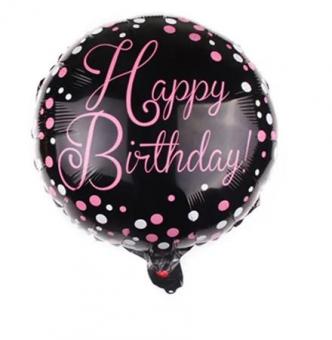 Шар фольгированный круг happy birthday  розовая c черным 45х45см. Китай