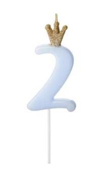 Свеча для торта 2 голубая с короной 9,5 см PartyDeco