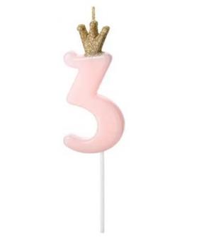 Свеча для торта 3 розовая с короной 9,5 см PartyDeco